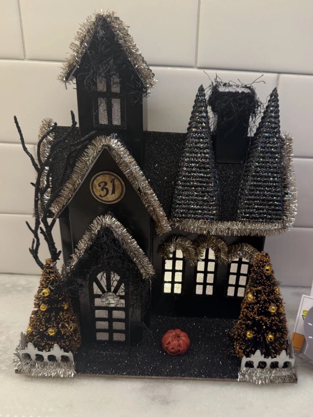 Bella Lux Halloween Putz Style Black Glitter LED Halloween House NWT